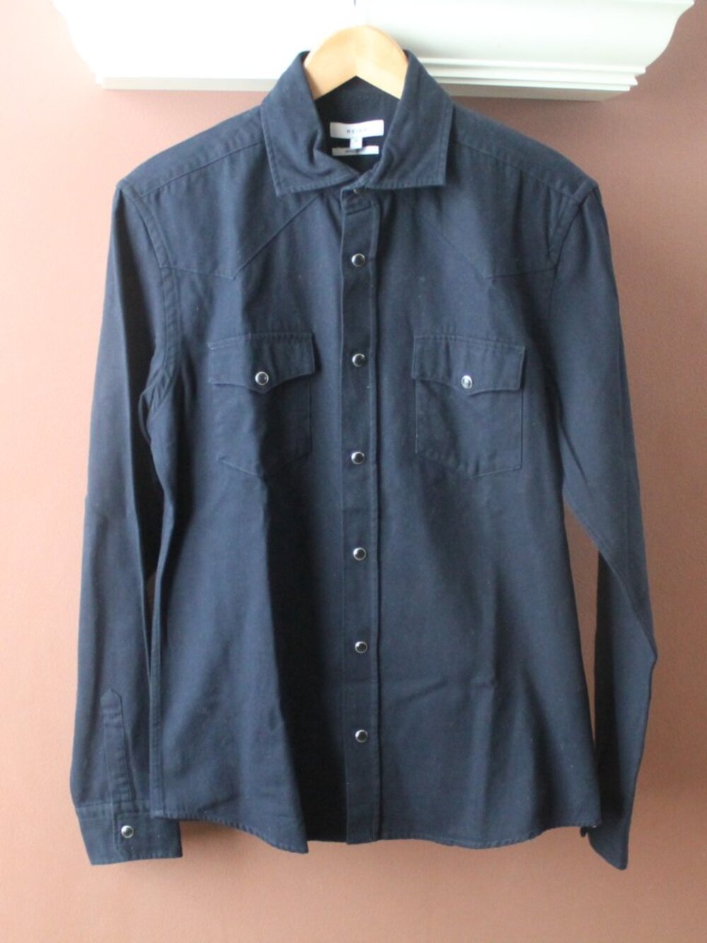 REISS Bairstow Western Overshirt Pearl Snap sz S Shirt Dark Blue Navy
